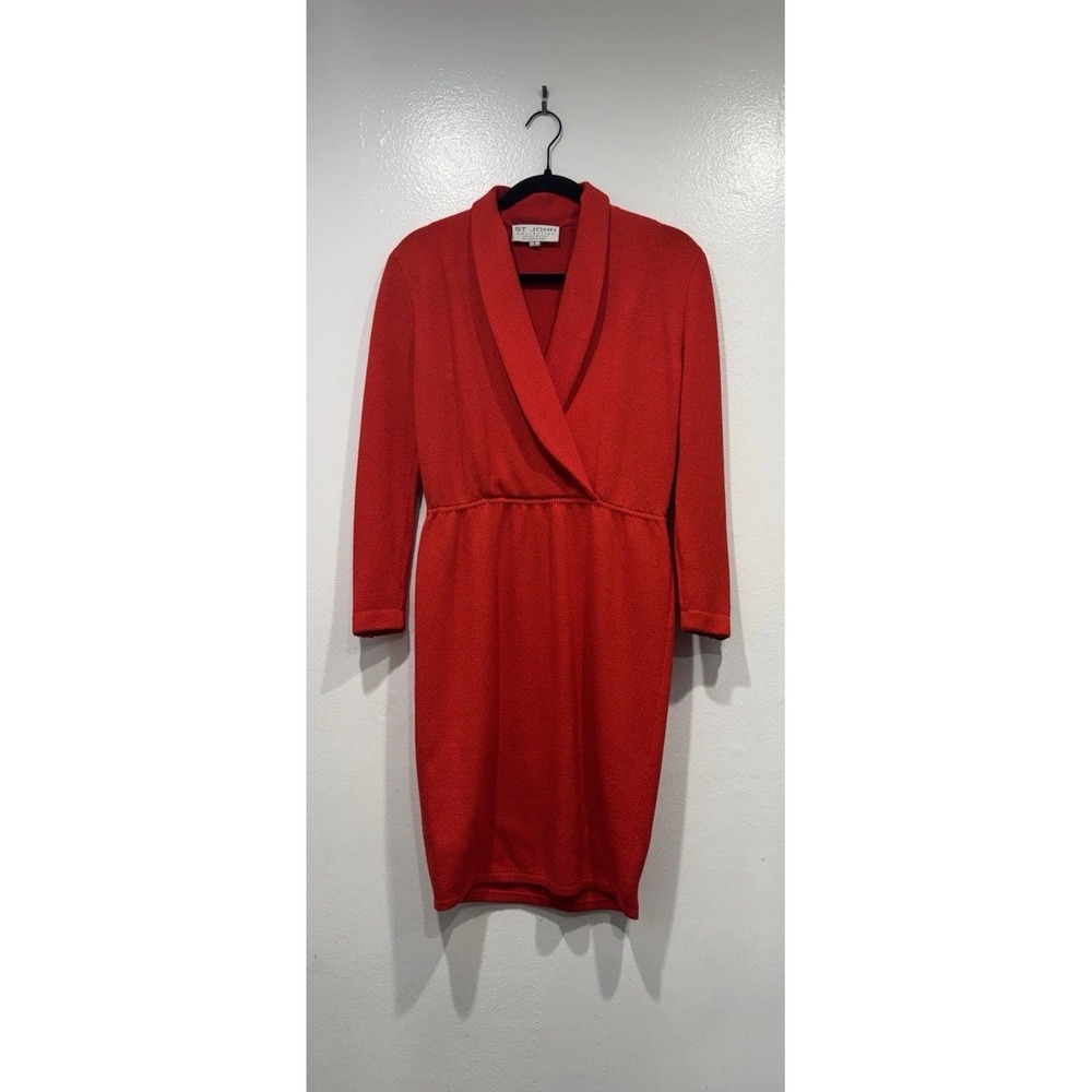 ST. JOHN Collection Dress Size 2 Red Santana Knit Faux Wrap Classic Chic Glam